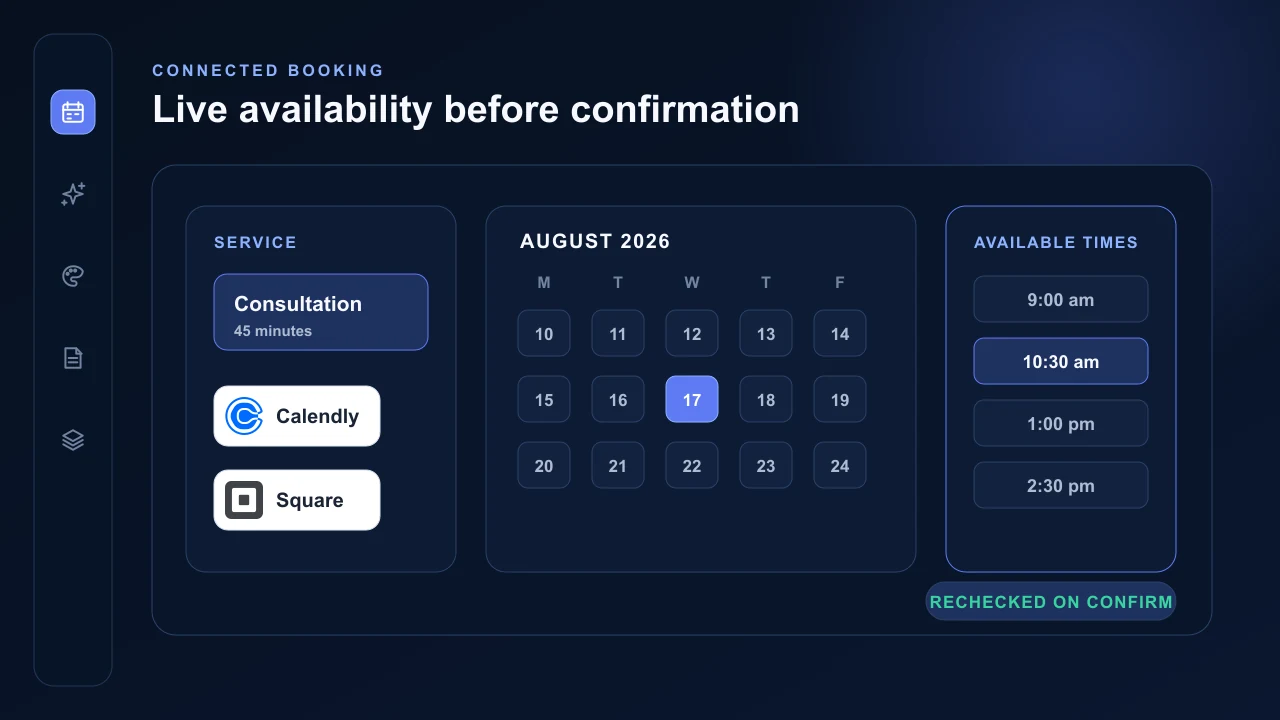 Connected booking workflow from service selection to available time and confirmation