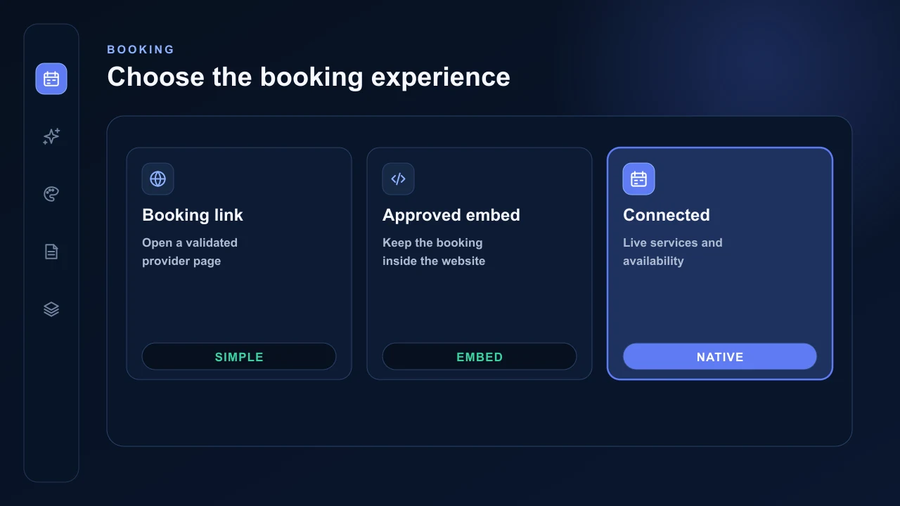 AVSBL booking choices for a link, an approved embed or a native connection