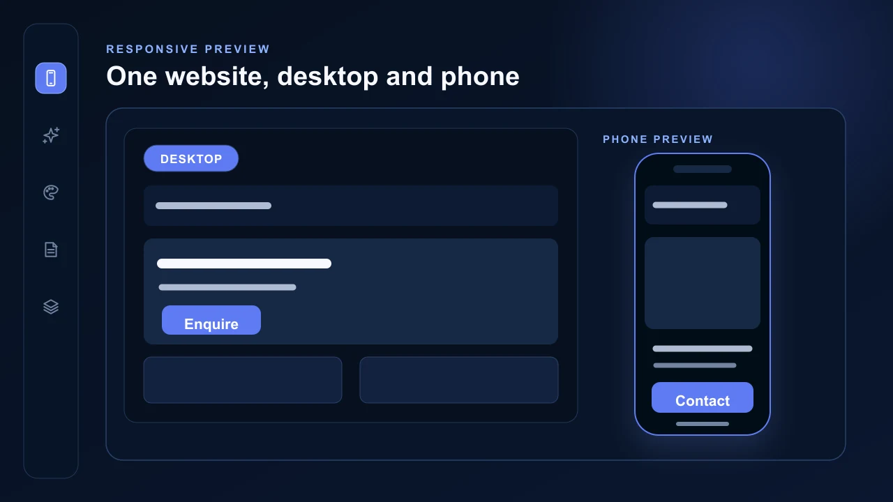 AVSBL responsive preview showing the same website as a desktop template and phone template
