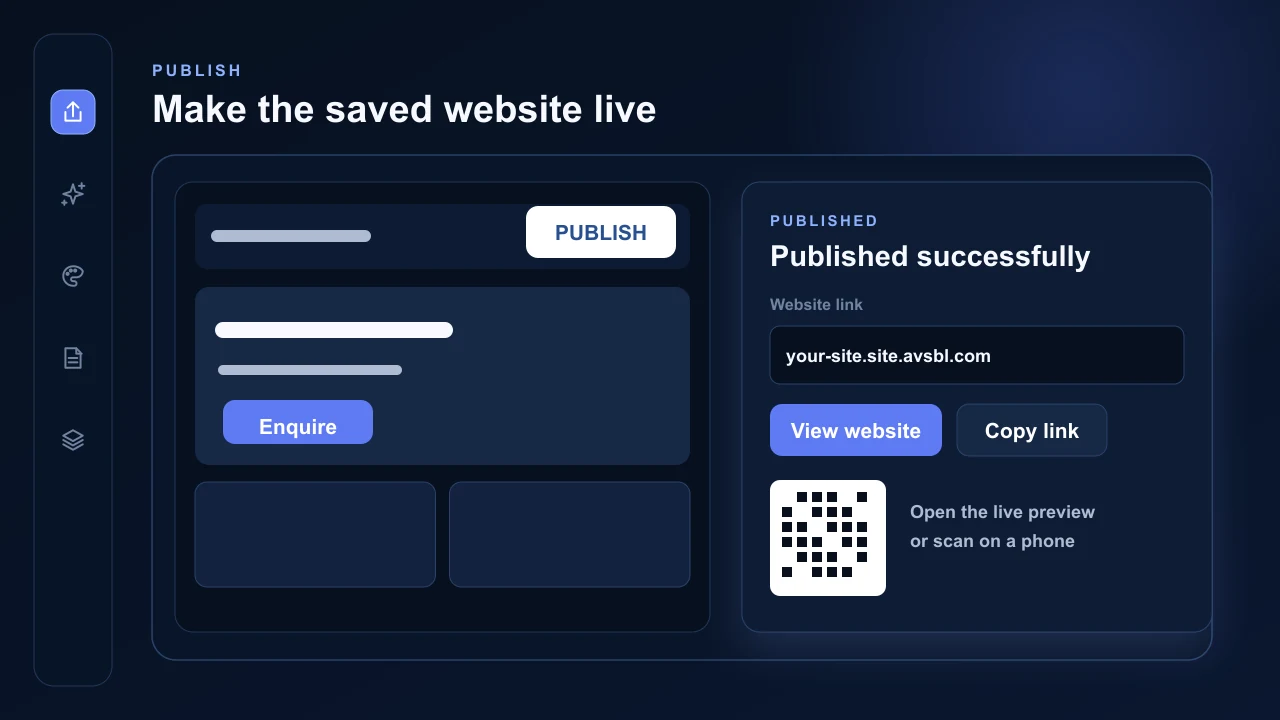 AVSBL Publish control with a live website link, sharing controls and phone QR code