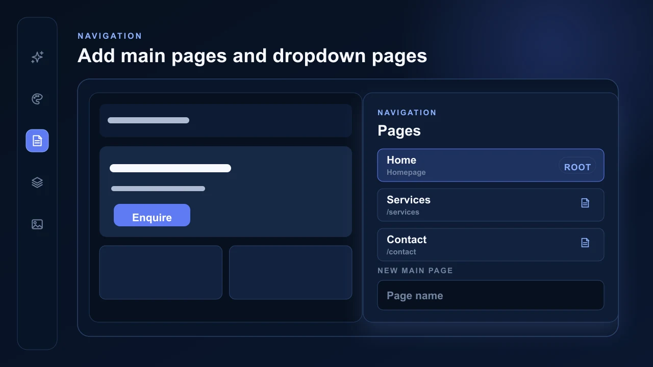 AVSBL Pages control with Home, Services and Contact and controls for adding pages