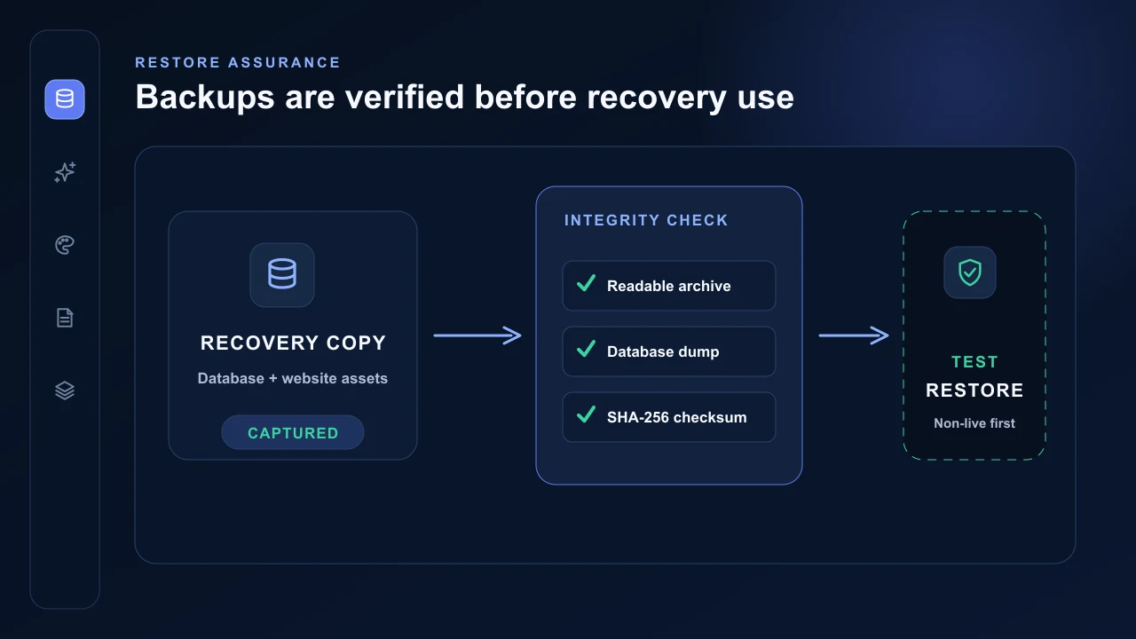 AVSBL backup creation, integrity verification and controlled restore test