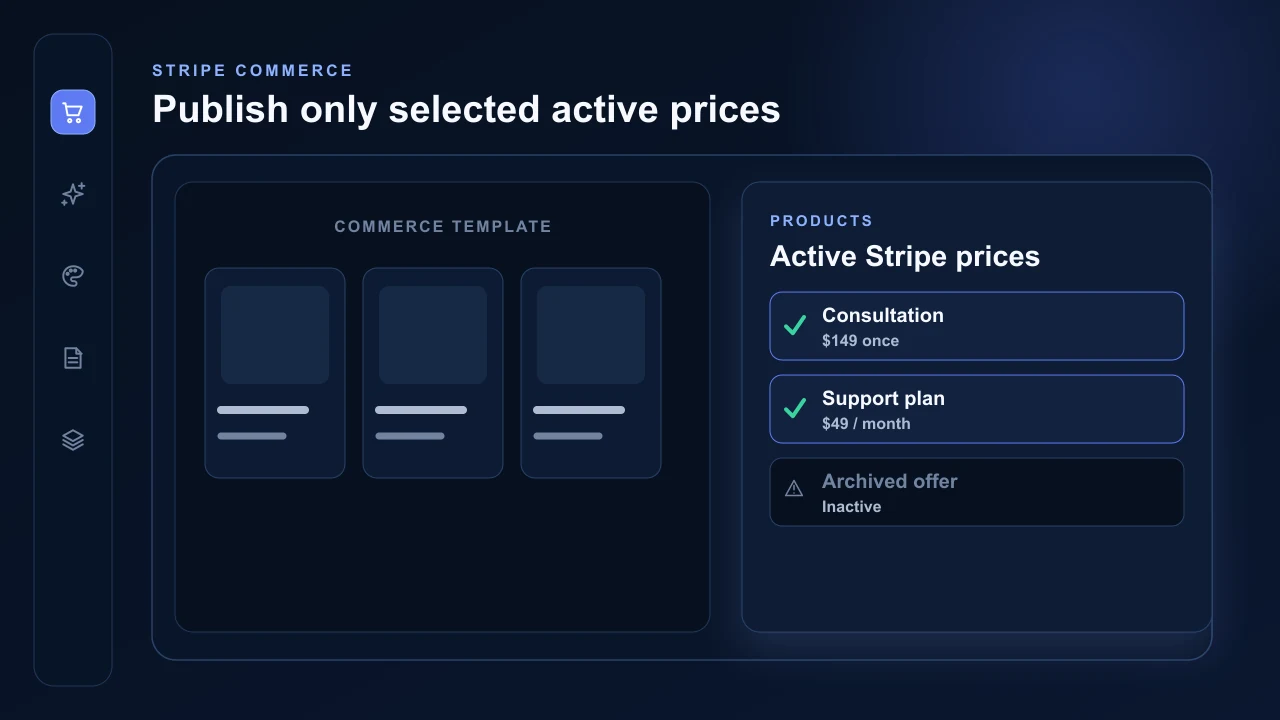 AVSBL Stripe commerce control with selected one-time and recurring prices