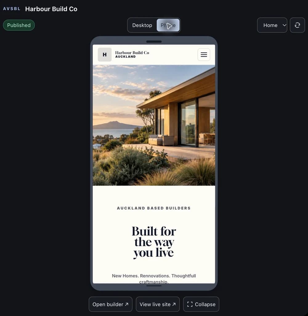An AVSBL website shown in ChatGPT's phone preview, with the Phone option selected and the Open builder button below.