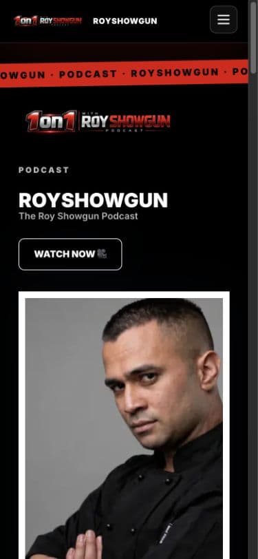The same Roy Showgun website on a phone, with its layout adapted for the smaller screen.