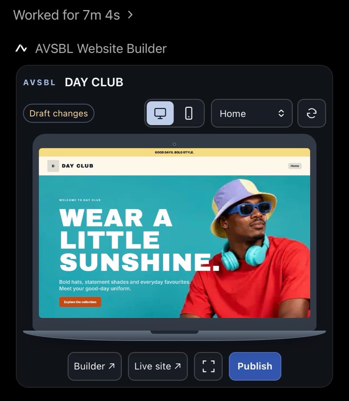 DAY CLUB website draft inside the AVSBL ChatGPT plugin, with desktop and phone controls, page navigation and publishing controls.