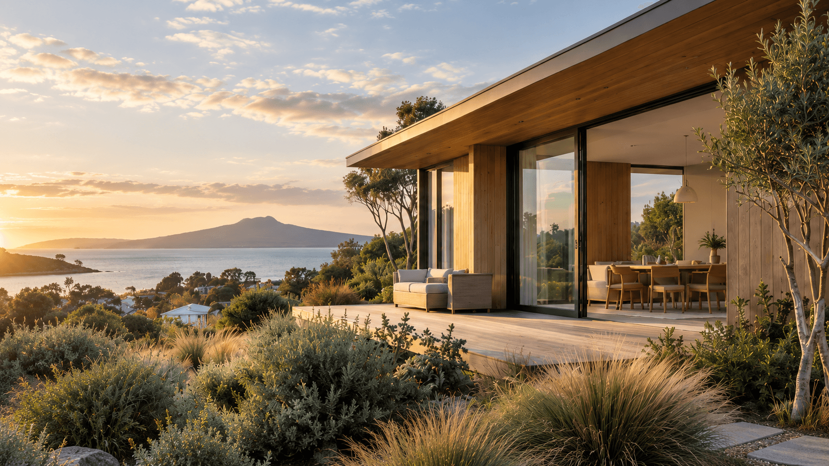 A modern timber home overlooking the coast at sunset.