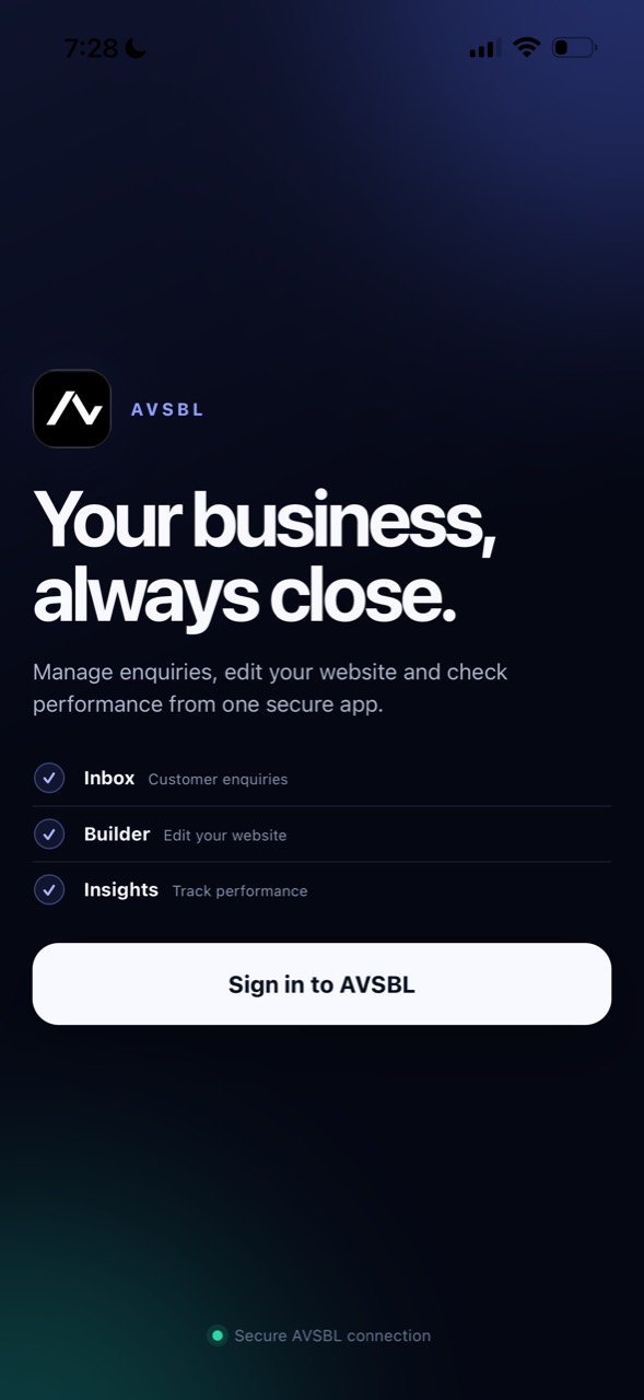 AVSBL mobile app sign-in screen